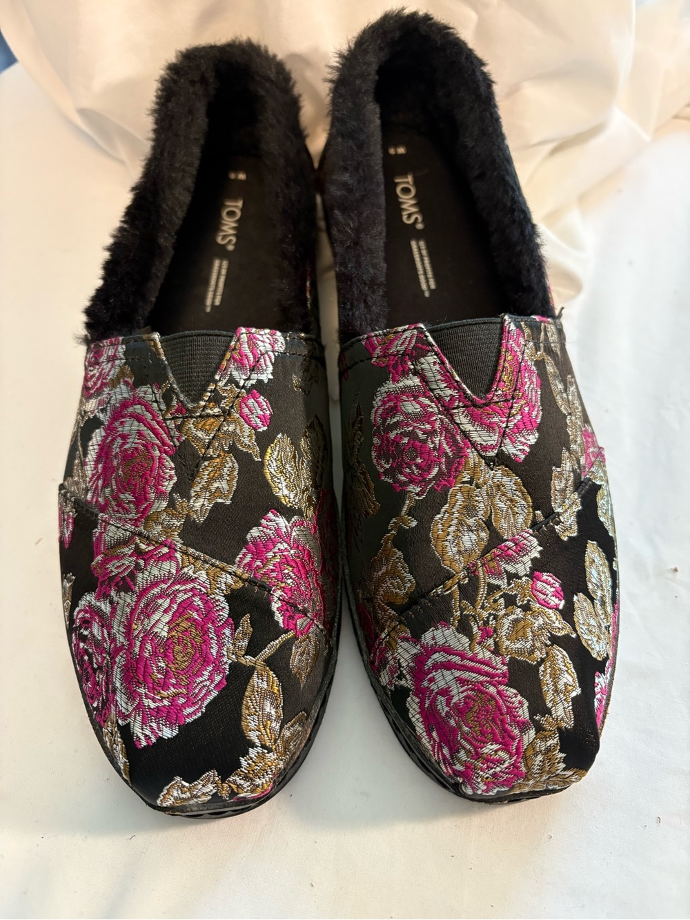 TOMS Women's Black Floral Slip-On Shoes with Pink & Gold Embroidery